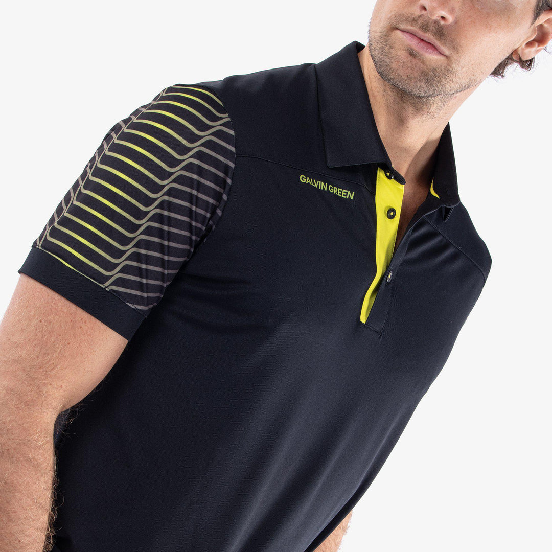 Milion is a Breathable short sleeve golf shirt for Men in the color Black/Sunny Lime(3)