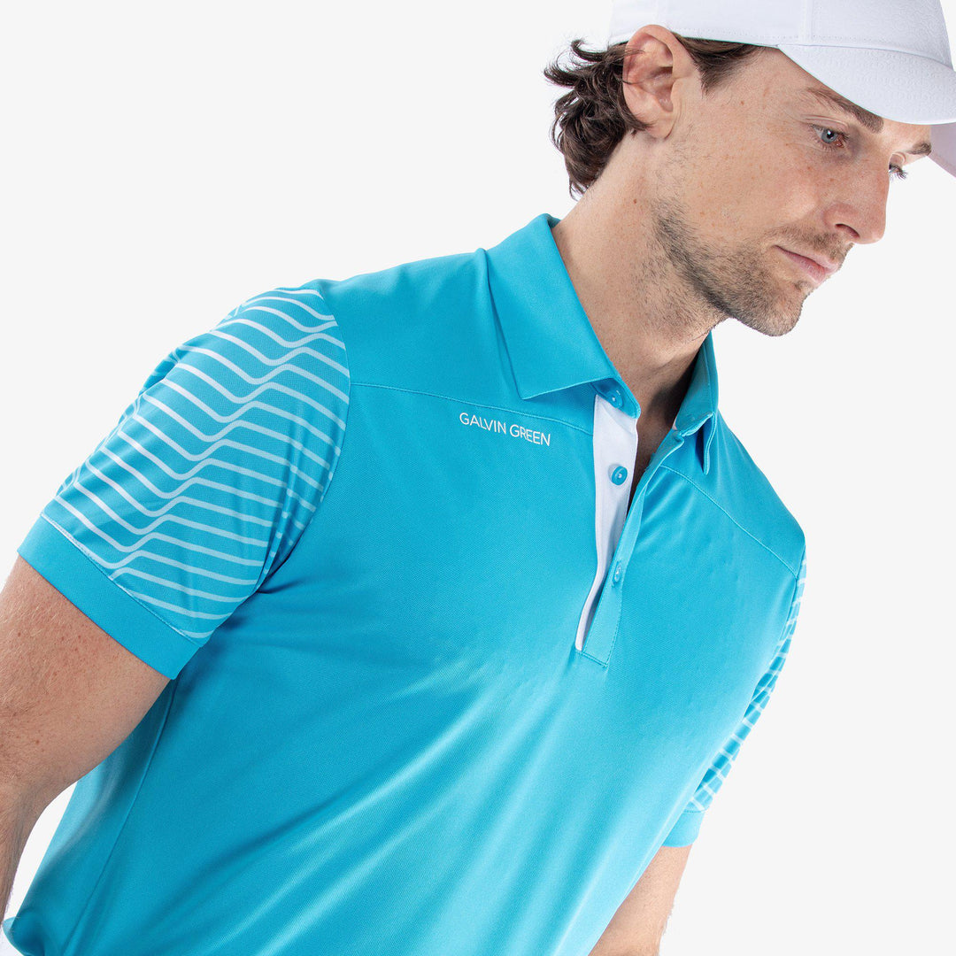 Milion is a Breathable short sleeve golf shirt for Men in the color Aqua/White (3)