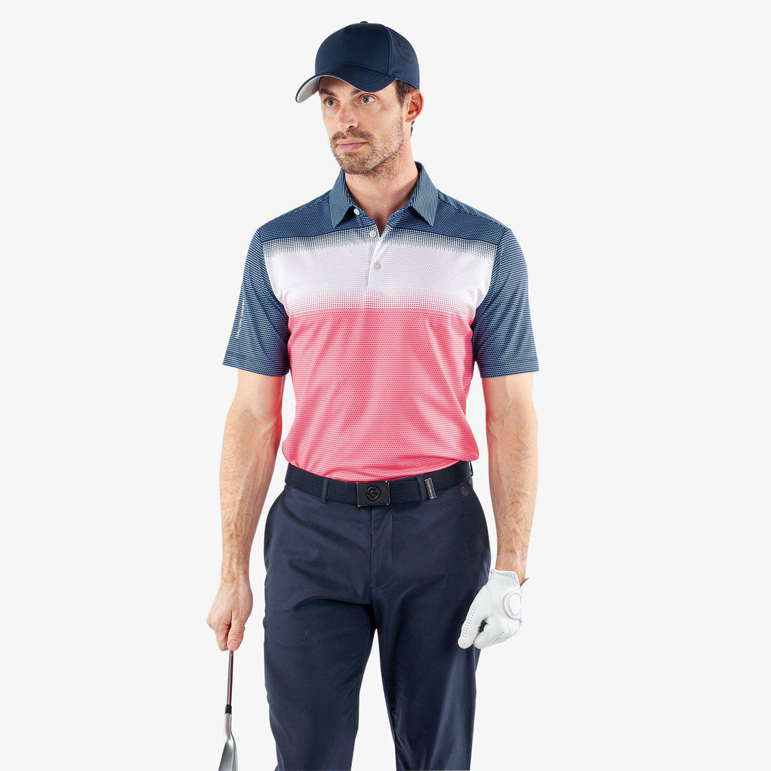 Mo is a Breathable short sleeve golf shirt for Men in the color Camelia Rose/White/N(1)