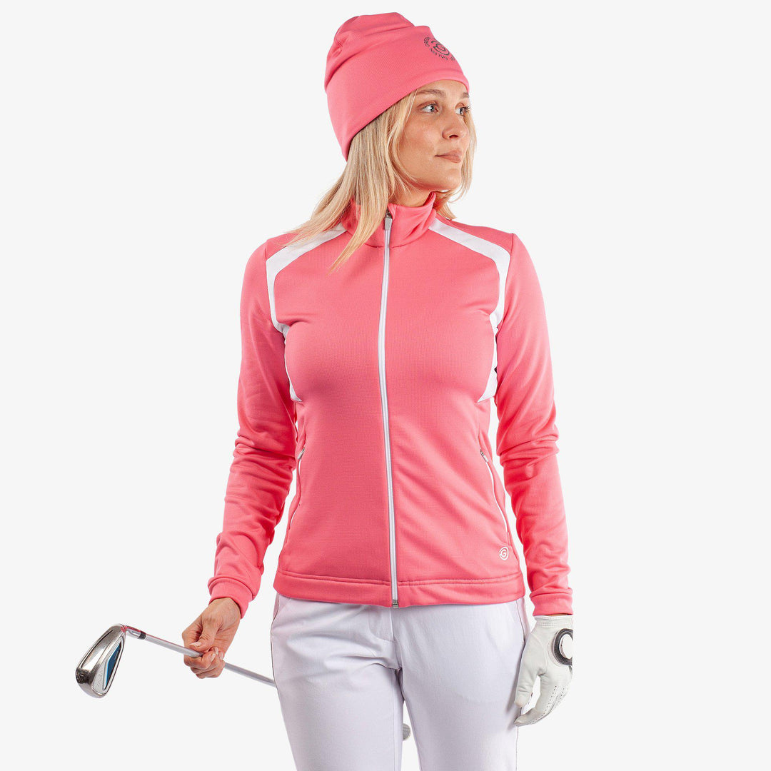 Destiny is a Insulating golf mid layer for Women in the color Camelia Rose/White(1)