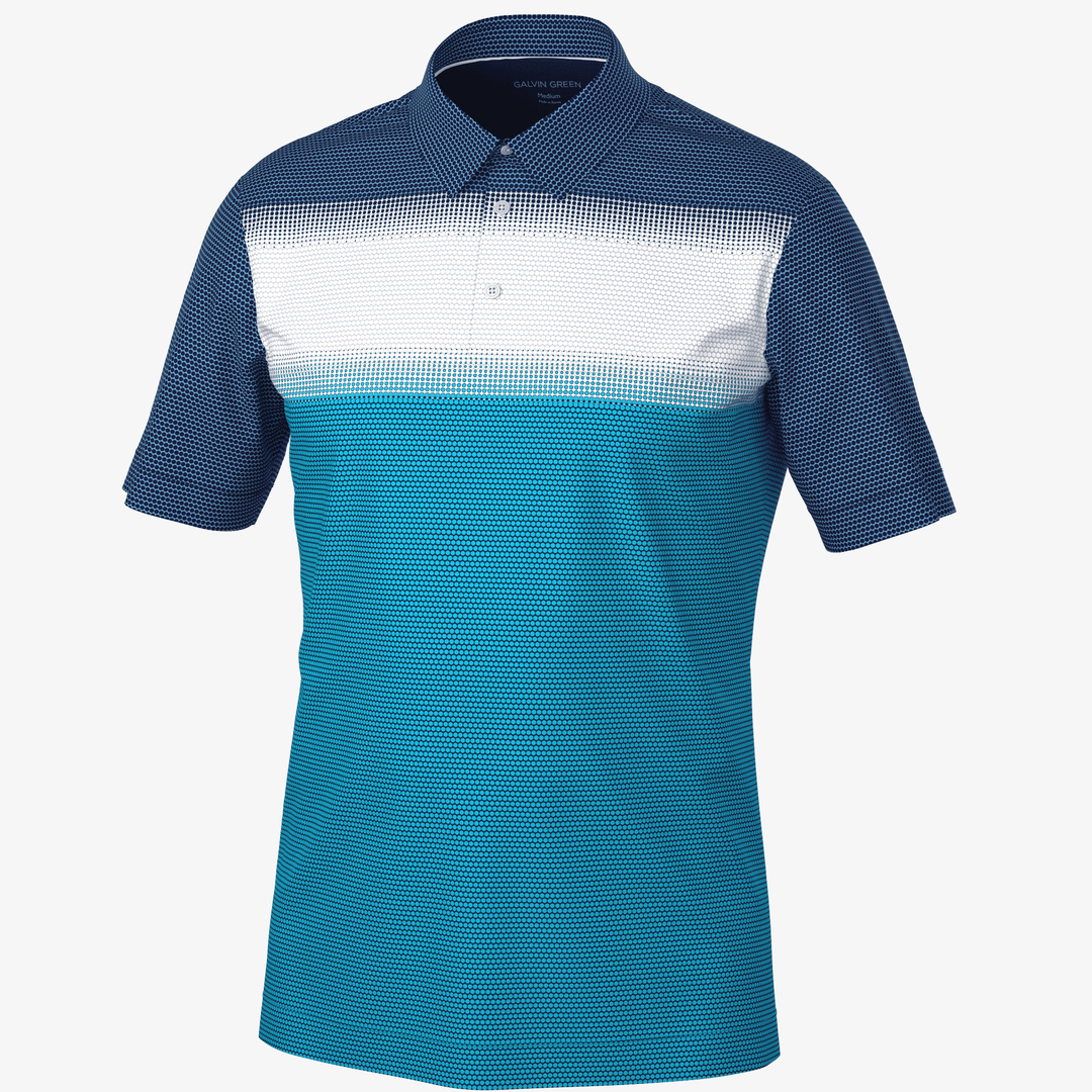 Mo is a Breathable short sleeve golf shirt for Men in the color Aqua/White/Navy(0)