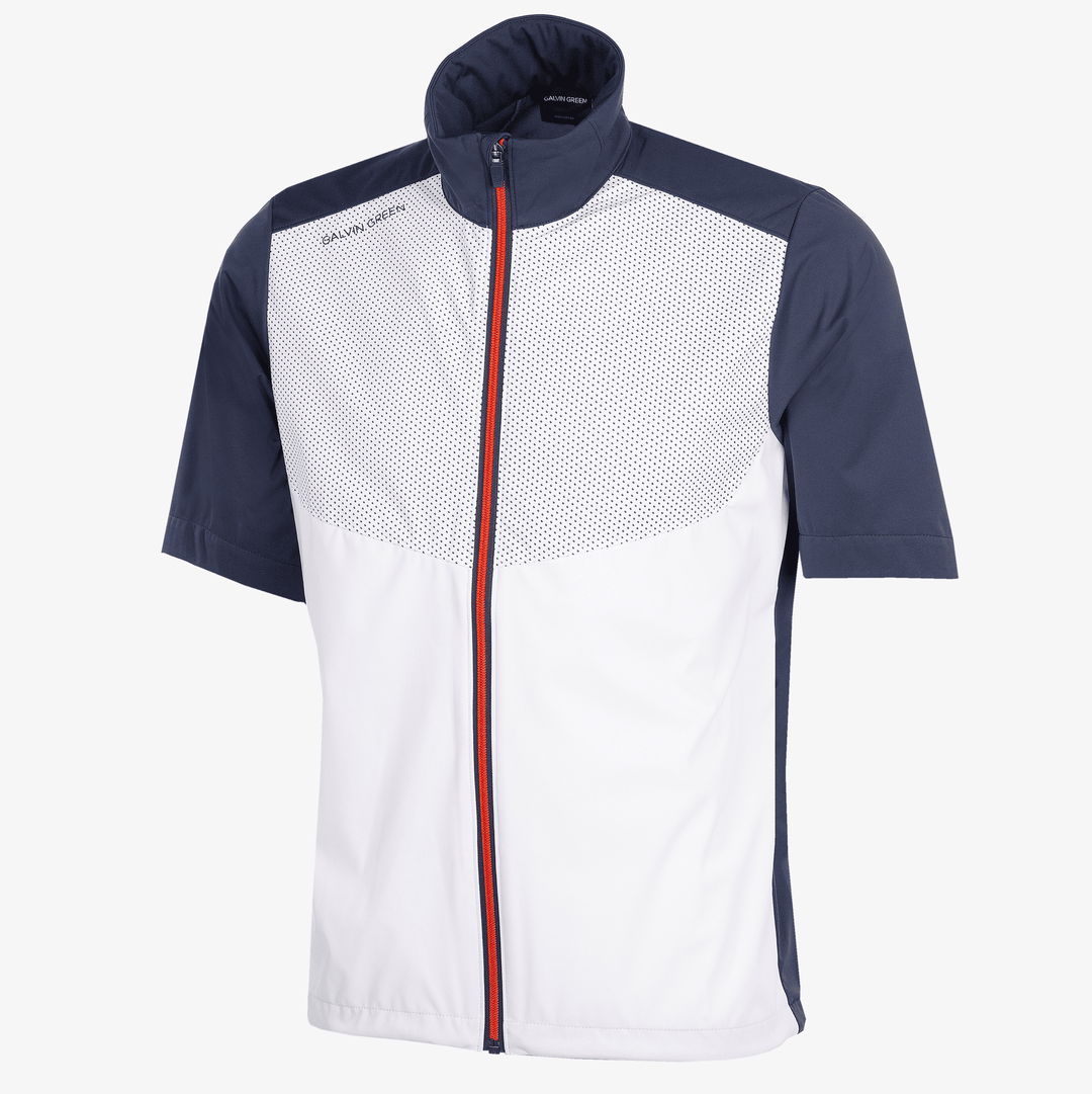Livingston is a Windproof and water repellent golf jacket for Men in the color White/Navy/Orange(0)