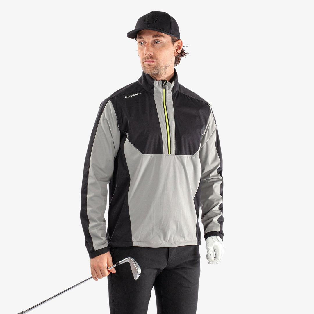 Lawrence is a Windproof and water repellent golf jacket for Men in the color Sharkskin/Black/Sunny Lime(1)