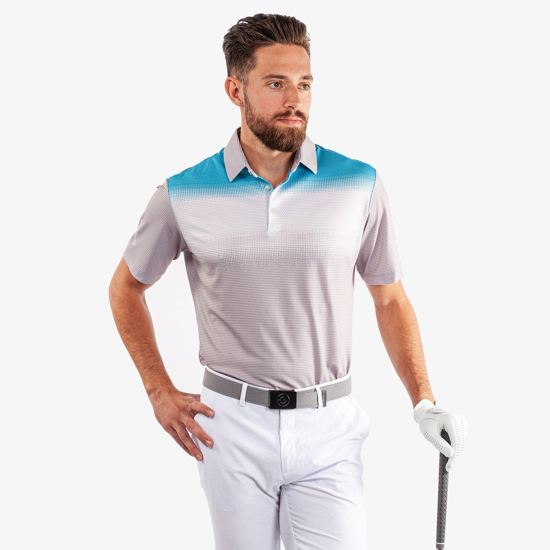 Mo is a Breathable short sleeve golf shirt for Men in the color Cool Grey/White/Aqua(1)