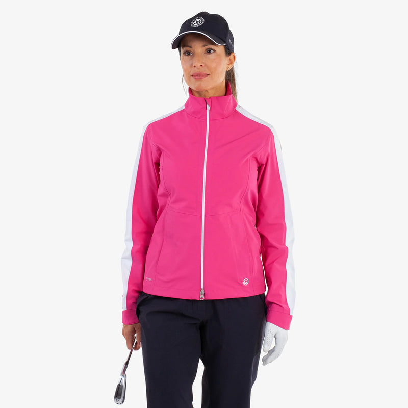 Abby is a Waterproof golf jacket for Women in the color Fuchsia/White(1)