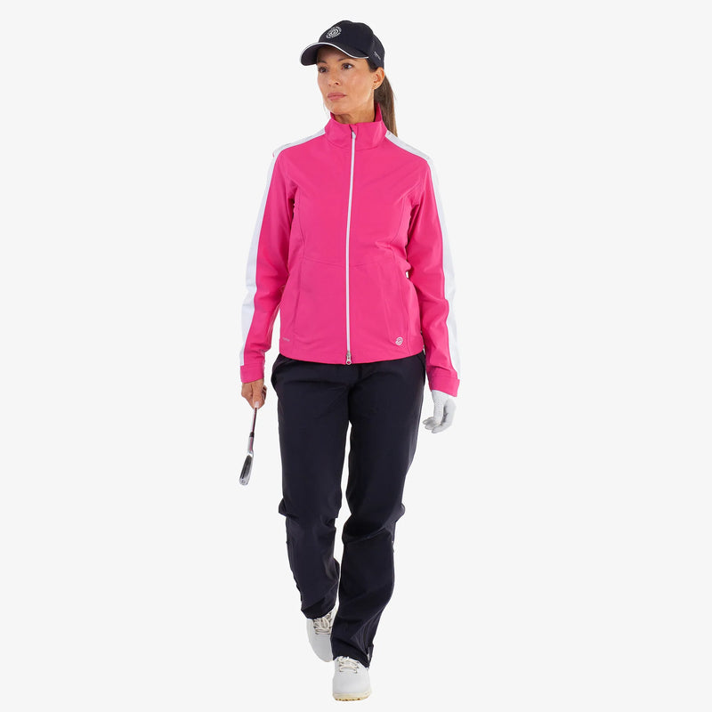 Abby is a Waterproof golf jacket for Women in the color Fuchsia/White(2)