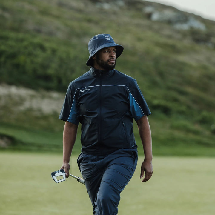 Air is a Waterproof short sleeve golf jacket for Men in the color Navy/Moonlight Blue(9)