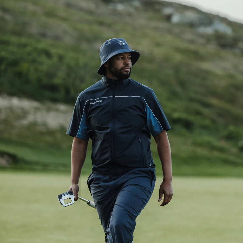 Air is a Waterproof short sleeve golf jacket for Men in the color Navy/Moonlight Blue(9)