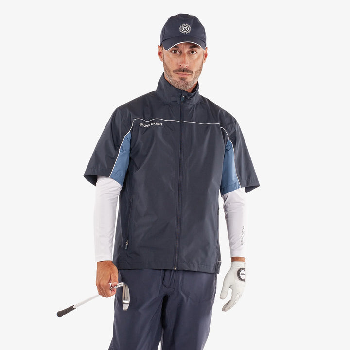 Air is a Waterproof short sleeve golf jacket for Men in the color Navy/Moonlight Blue(1)