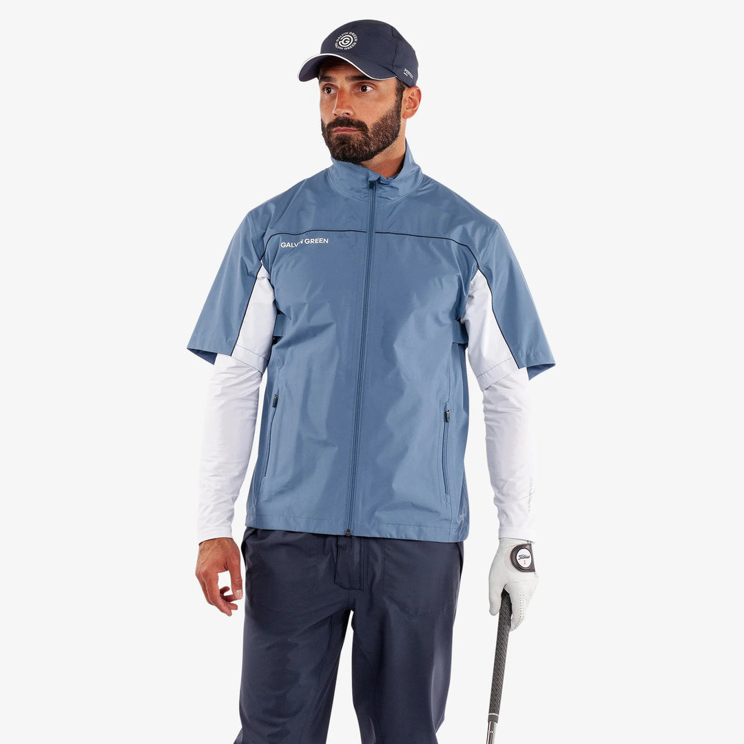 Air is a Waterproof short sleeve golf jacket for Men in the color Moonlight Blue/White(1)
