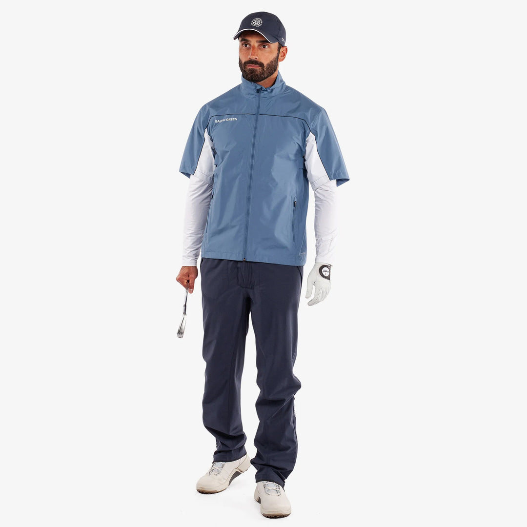 Air is a Waterproof short sleeve golf jacket for Men in the color Moonlight Blue/White(2)