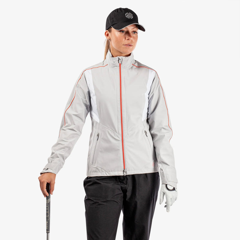 Ally is a Waterproof golf jacket for Women in the color Cool Grey/White/Coral(1)