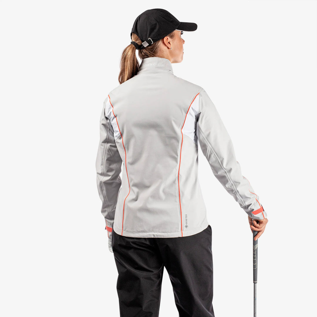 Ally is a Waterproof golf jacket for Women in the color Cool Grey/White/Coral(5)