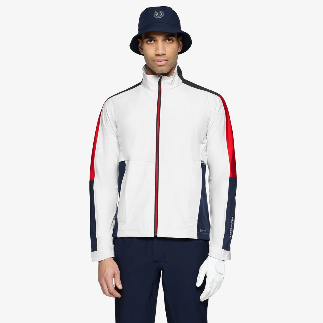 Arlo is a Waterproof Golf Jacket for Men in the color White/Red(1)