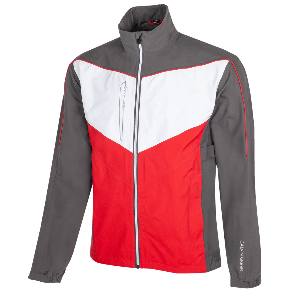 Armstrong is a Waterproof golf jacket for Men in the color Forged Iron/Red/White (0)