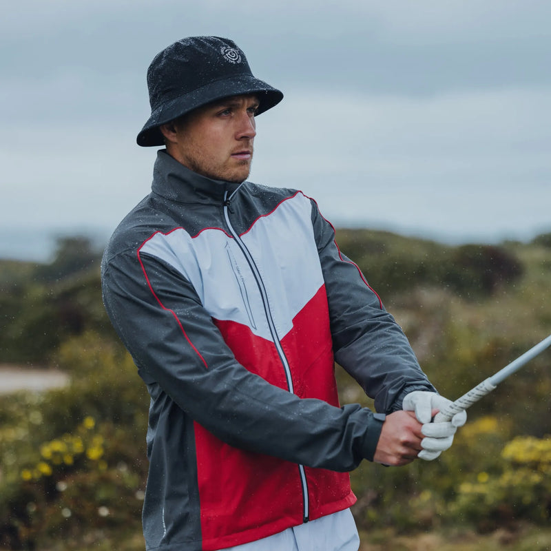 Armstrong is a Waterproof golf jacket for Men in the color Forged Iron/Red/White (10)