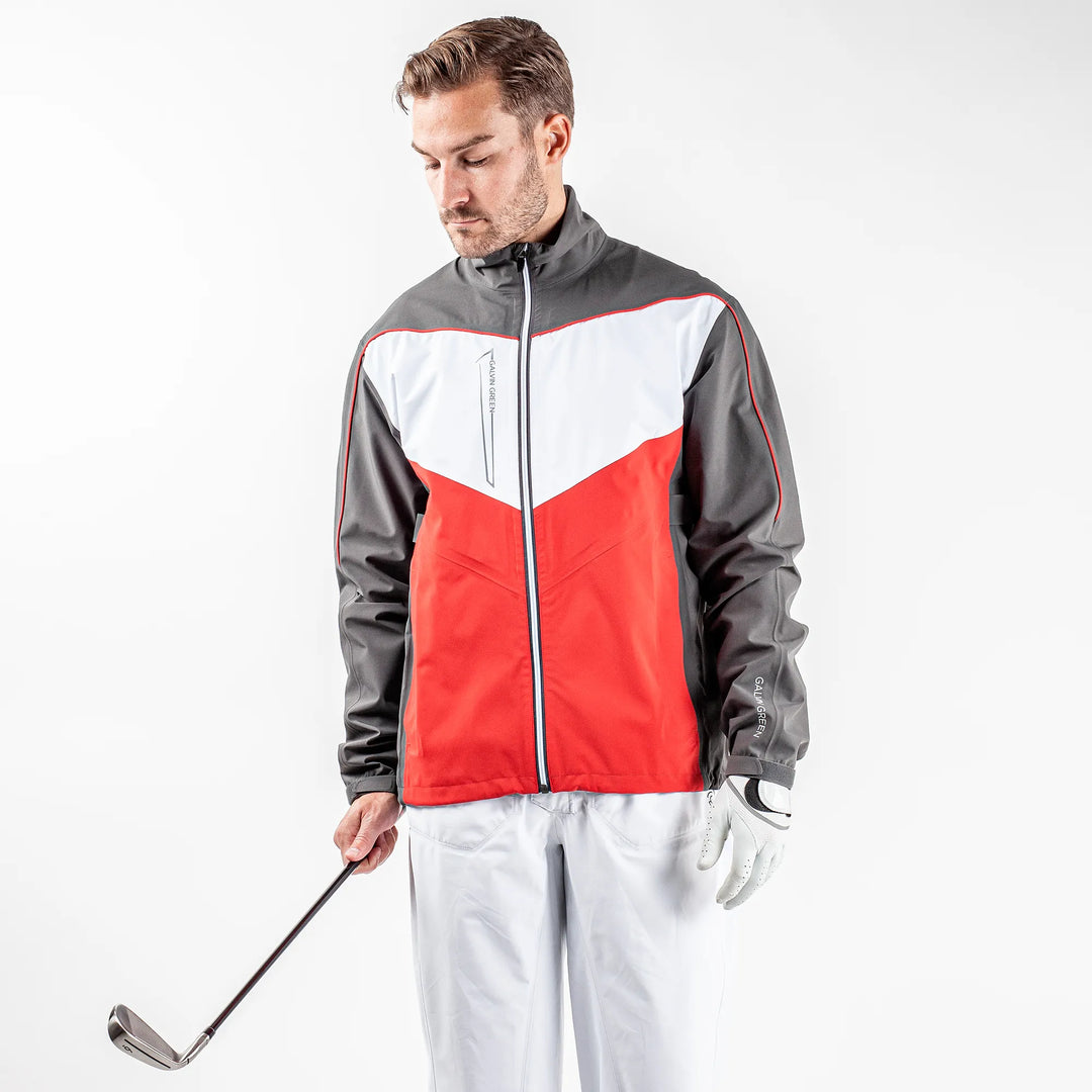 Armstrong is a Waterproof golf jacket for Men in the color Forged Iron/Red/White (1)
