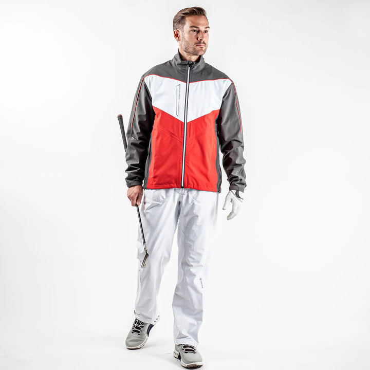 Armstrong is a Waterproof golf jacket for Men in the color Forged Iron/Red/White (2)