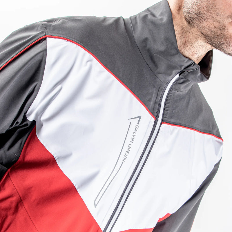 Armstrong is a Waterproof golf jacket for Men in the color Forged Iron/Red/White (3)