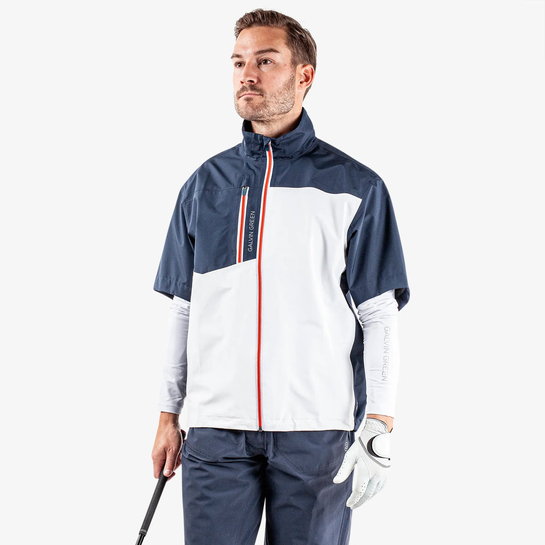 Axl is a Waterproof short sleeve golf jacket for Men in the color White/Navy/Orange(1)