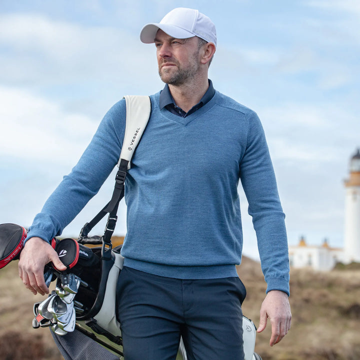 Carl is a Merino golf sweater for Men in the color Blue Melange (9)