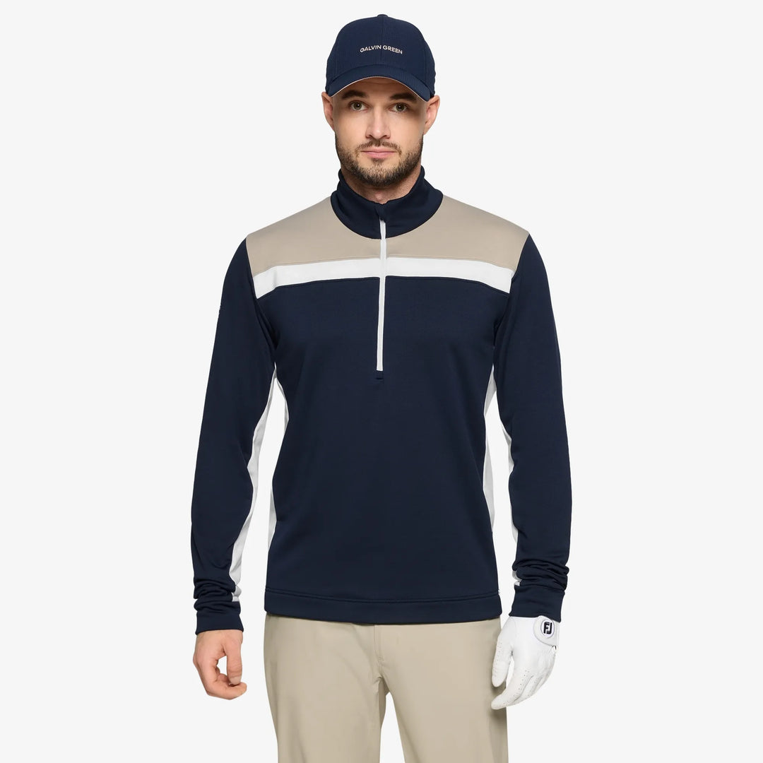 Dean is a Insulating golf mid layer for Men in the color Sand/Navy/white(1)