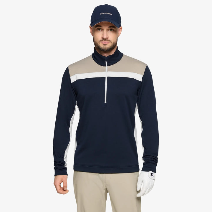 Dean is a Insulating golf mid layer for Men in the color Sand/Navy/white(1)