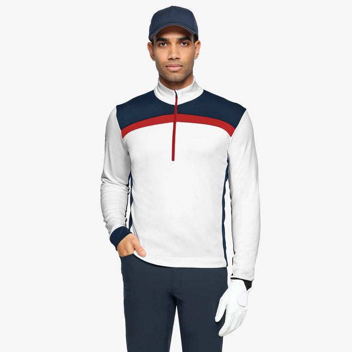 Dean is a Insulating golf mid layer for Men in the color White/Navy/Red(1)