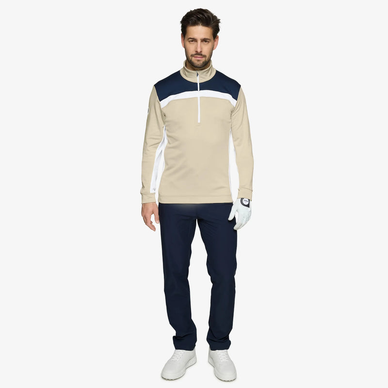 Dean is a Insulating golf mid layer for Men in the color Sand/Navy(2)