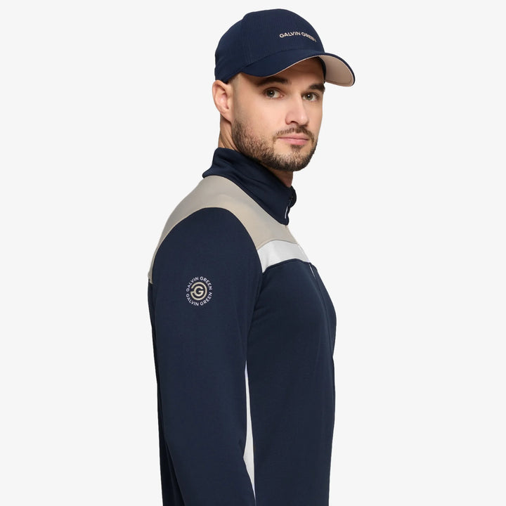 Dean is a Insulating golf mid layer for Men in the color Sand/Navy/white(3)