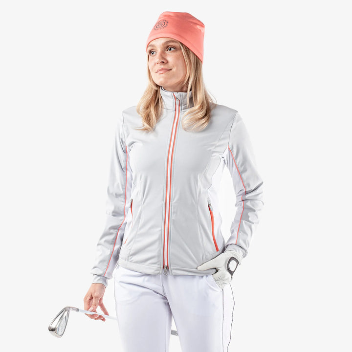 Larissa is a Windproof and water repellent golf jacket for Women in the color Cool Grey/White/Coral(1)