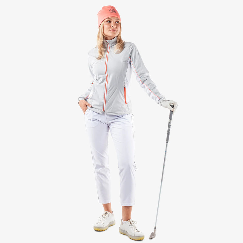 Larissa is a Windproof and water repellent golf jacket for Women in the color Cool Grey/White/Coral(2)