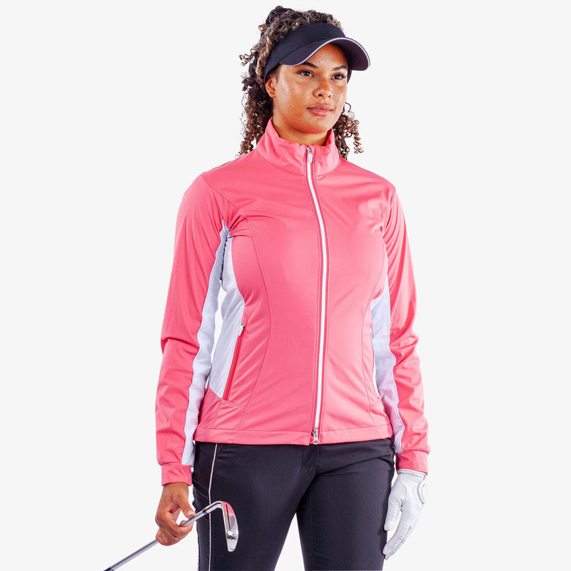 Larissa is a Windproof and water repellent golf jacket for Women in the color Camelia Rose/White(1)