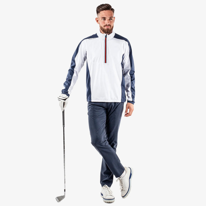 Lawrence is a Windproof and water repellent golf jacket for Men in the color White/Navy/Orange(2)
