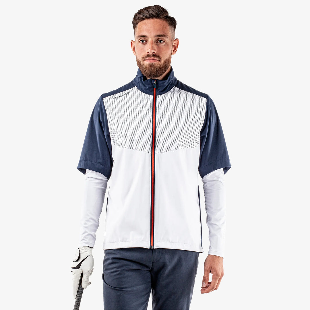 Livingston is a Windproof and water repellent golf jacket for Men in the color White/Navy/Orange(1)