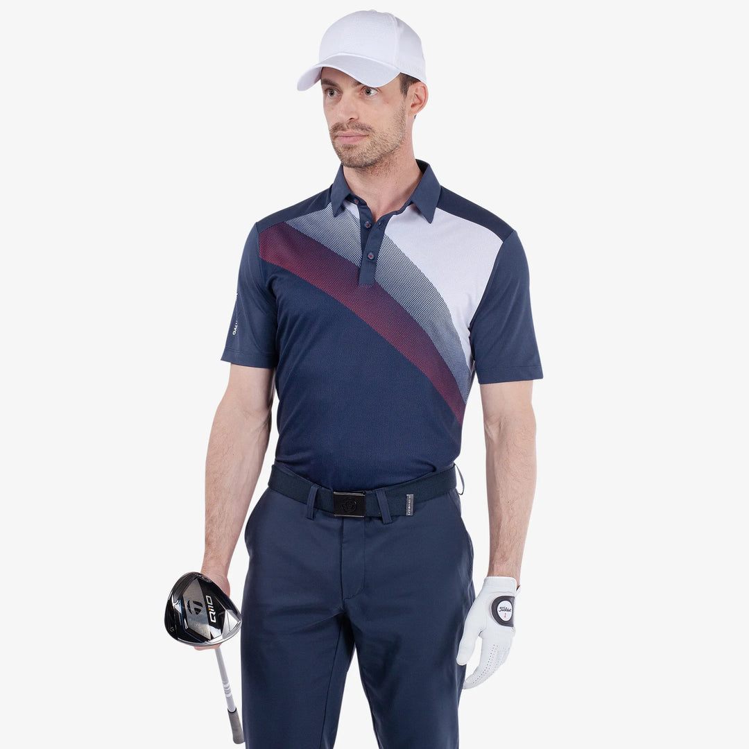 Macoy is a Breathable short sleeve golf shirt for Men in the color Navy/Red(1)