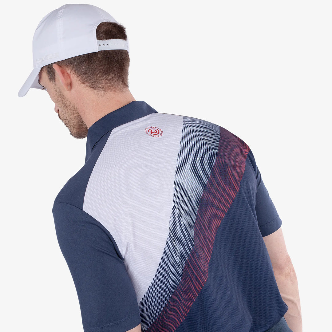 Macoy is a Breathable short sleeve golf shirt for Men in the color Navy/Red(5)