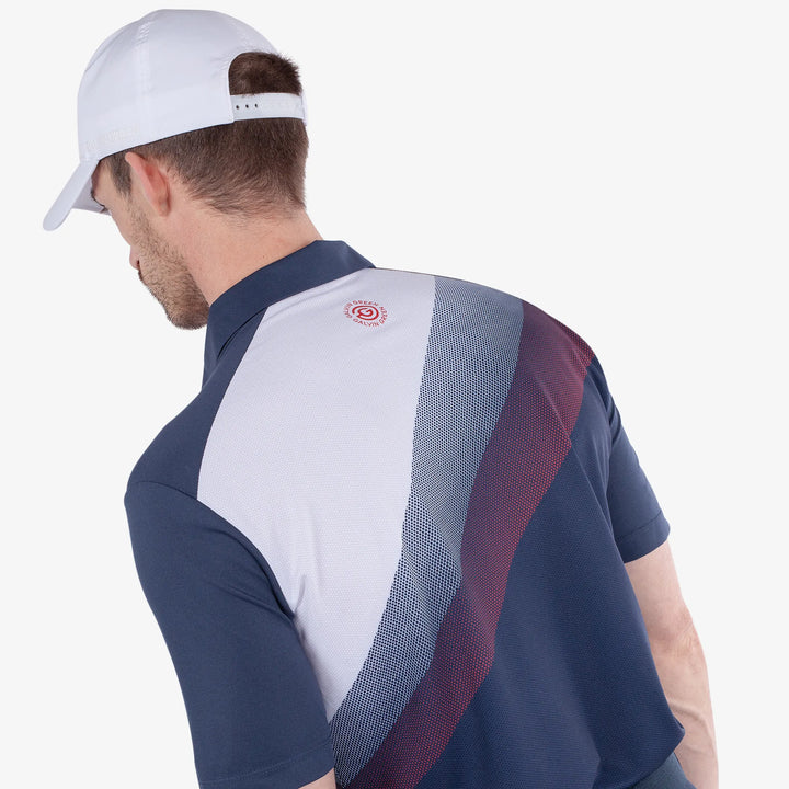 Macoy is a Breathable short sleeve golf shirt for Men in the color Navy/Red(5)