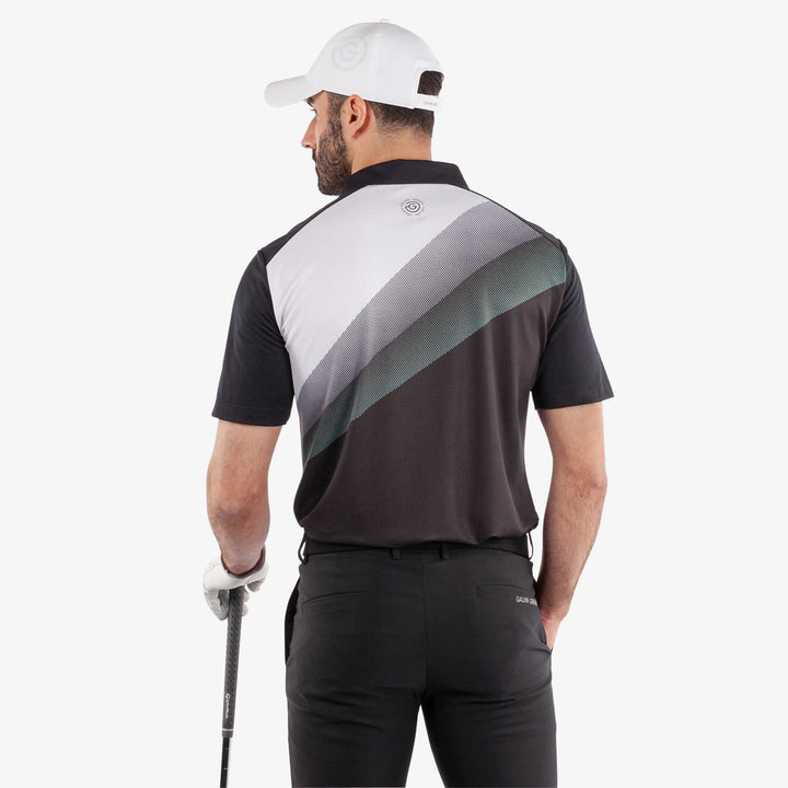 Macoy is a Breathable short sleeve golf shirt for Men in the color Black/Atlantis Green(6)
