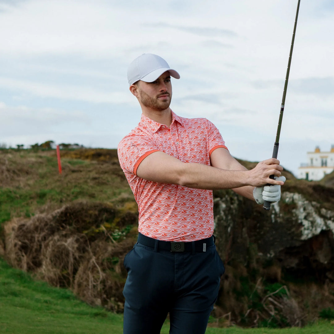 Madden is a Breathable short sleeve golf shirt for Men in the color Orange/White(9)