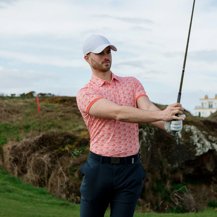 Madden is a Breathable short sleeve golf shirt for Men in the color Orange/White(9)