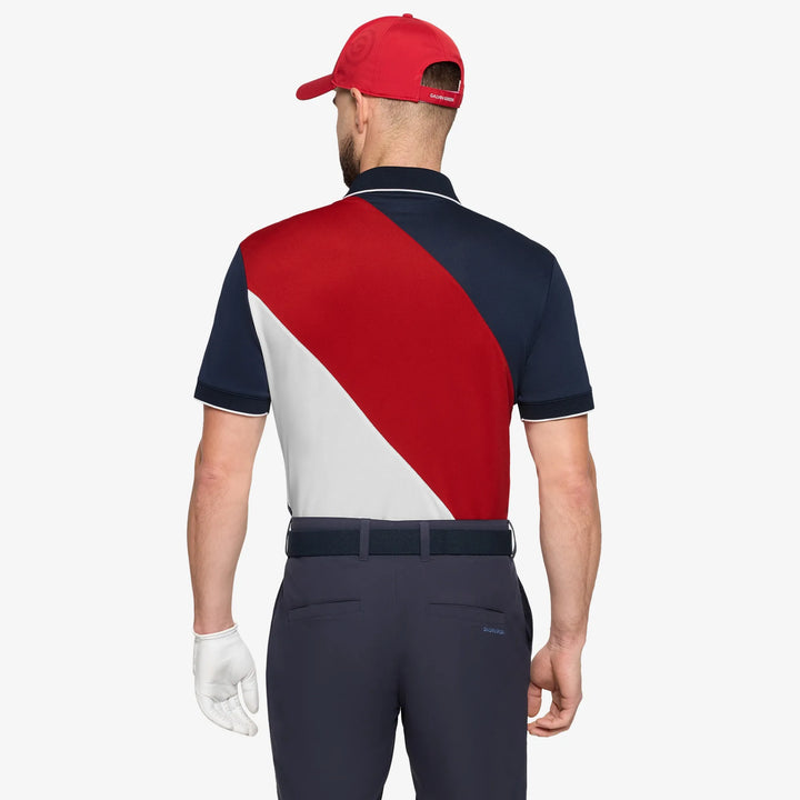 Maggio is a Breathable short sleeve golf shirt for Men in the color Red/Navy(4)