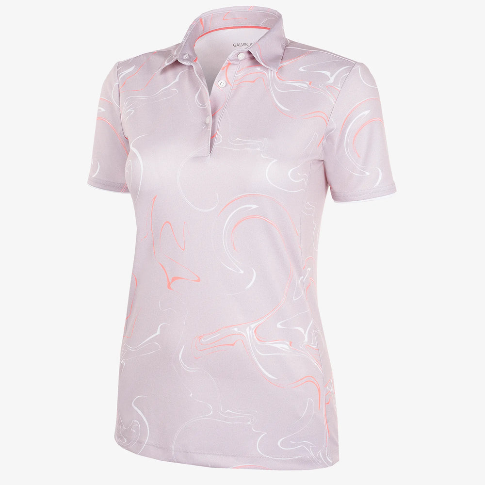 Malena is a Breathable short sleeve golf shirt for Women in the color Cool Grey/Coral/White(0)
