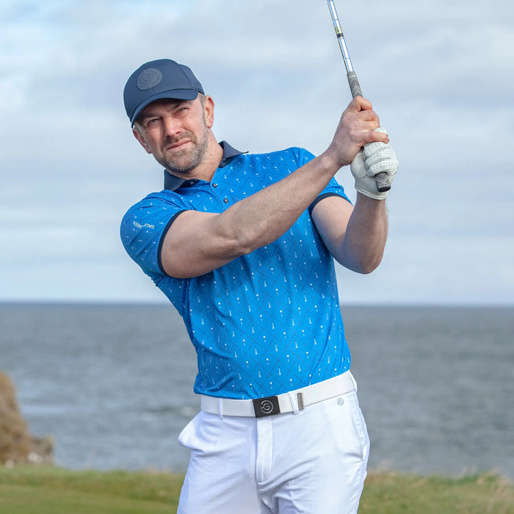 Manolo is a Breathable short sleeve golf shirt for Men in the color Blue/White/Navy(9)