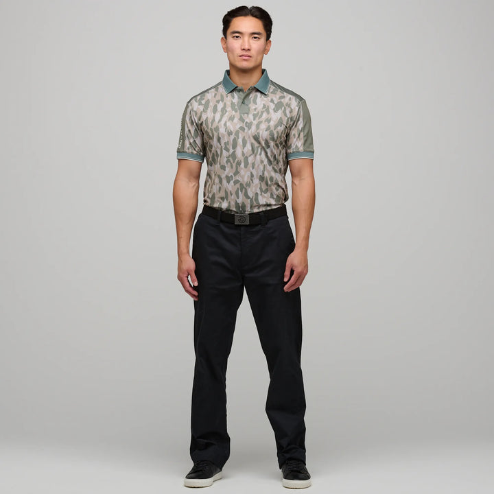 Mario  is a Breathable short sleeve golf shirt for Men in the color Abbey Stone/Duck Green(2)