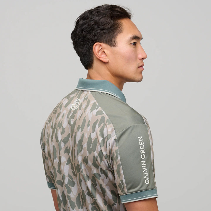 Mario  is a Breathable short sleeve golf shirt for Men in the color Abbey Stone/Duck Green(3)