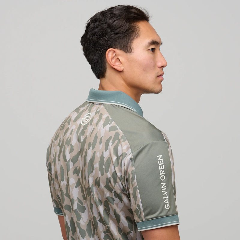 Mario  is a Breathable short sleeve golf shirt for Men in the color Abbey Stone/Duck Green(3)