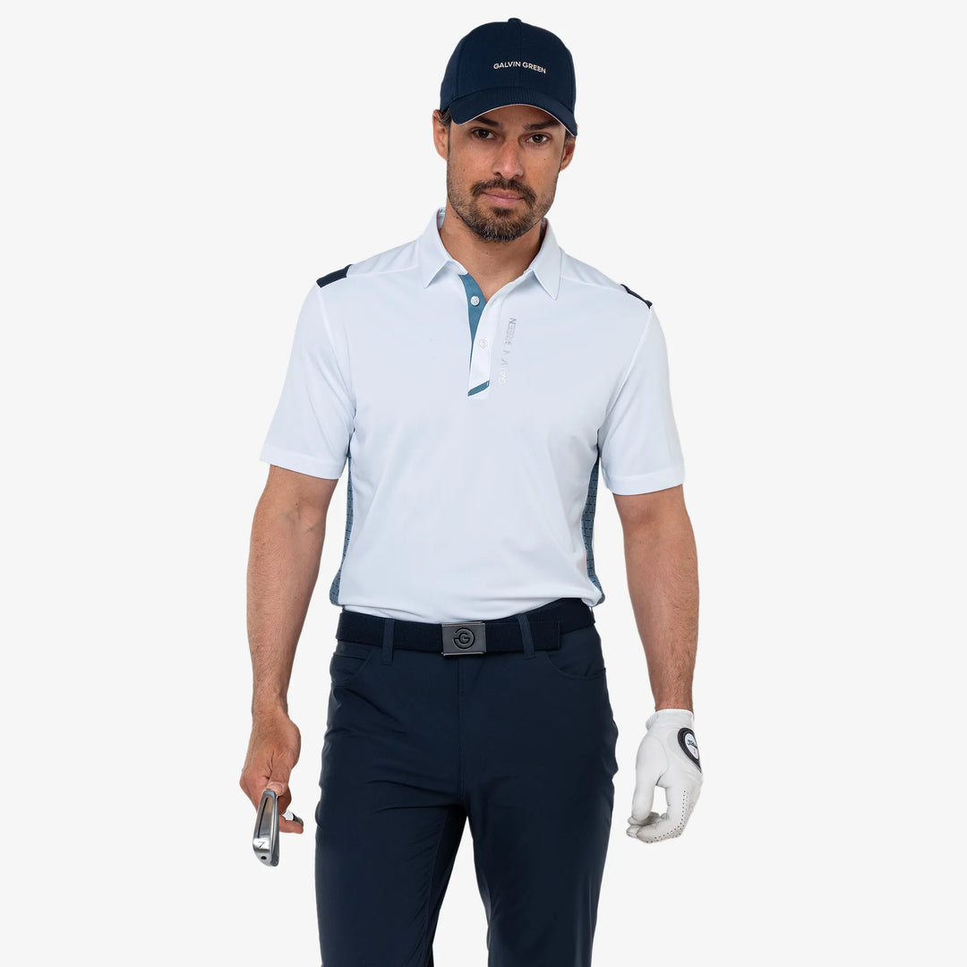 Marshall is a Breathable long sleeve golf shirt for Men in the color White/Navy/Storm Blue(1)