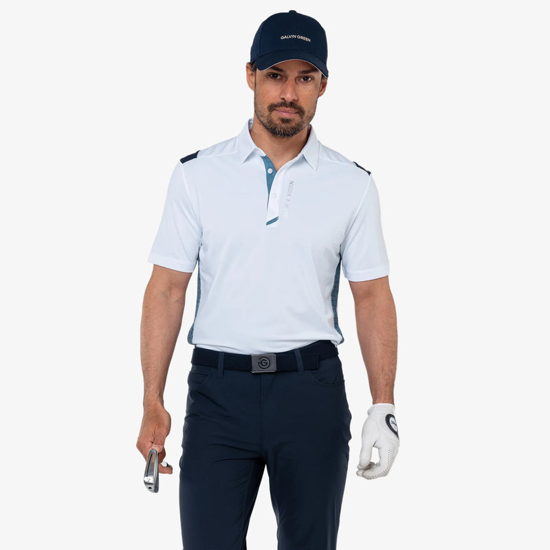 Marshall is a Breathable long sleeve golf shirt for Men in the color White/Navy/Storm Blue(1)