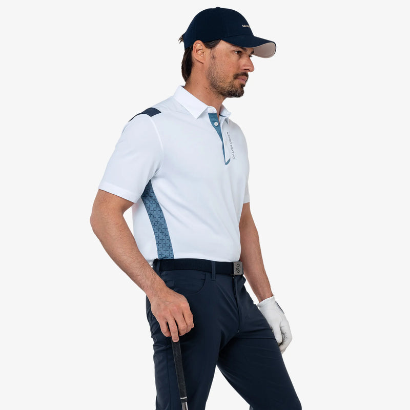 Marshall is a Breathable long sleeve golf shirt for Men in the color White/Navy/Storm Blue(3)